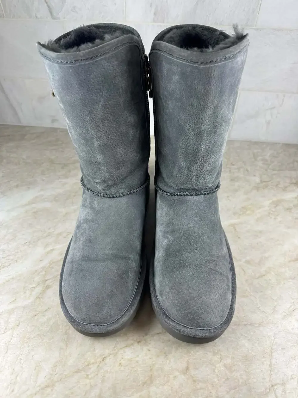 LAMO Gray Suede Mid Calf Winter Boots Faux Fur Lined Side Zip Womens 8
